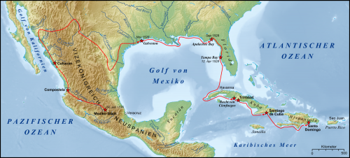 "Expedition Cabeza de Vaca Karte" by Lencer - own work, used:Generic Mapping Tools and SRTM30-files for relief. Licensed under CC BY-SA 3.0 via Commons - https://commons.wikimedia.org/wiki/File:Expedition_Cabeza_de_Vaca_Karte.png#/media/File:Expedition_Cabeza_de_Vaca_Karte.png